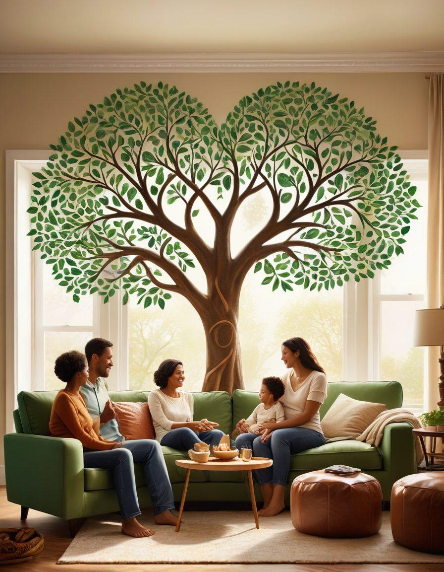 An illustration depicting a warm, nurturing scene of a family sharing moments of love and care, surrounded by symbols of health and life insurance, such as a heart, a shield, and a family tree. Soft natural lighting and vibrant colors evoke a sense of wellbeing and security, with visual elements like hands holding a heart symbol and a tree with leaves representing family unity. super-realistic. warm tones. inviting atmosphere.
