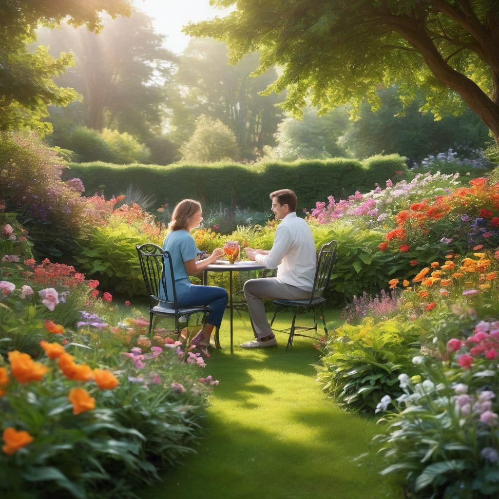 A serene scene depicting a couple joyfully nurturing a garden together, symbolizing love and care. Surround them with blooming flowers representing wellbeing, with a gentle sunlight casting a warm glow. In the background, subtle images of policy documents and a heart symbolizing insurance choices, interwoven with nature. The atmosphere should evoke harmony and connection. super-realistic. vibrant colors. soft focus.