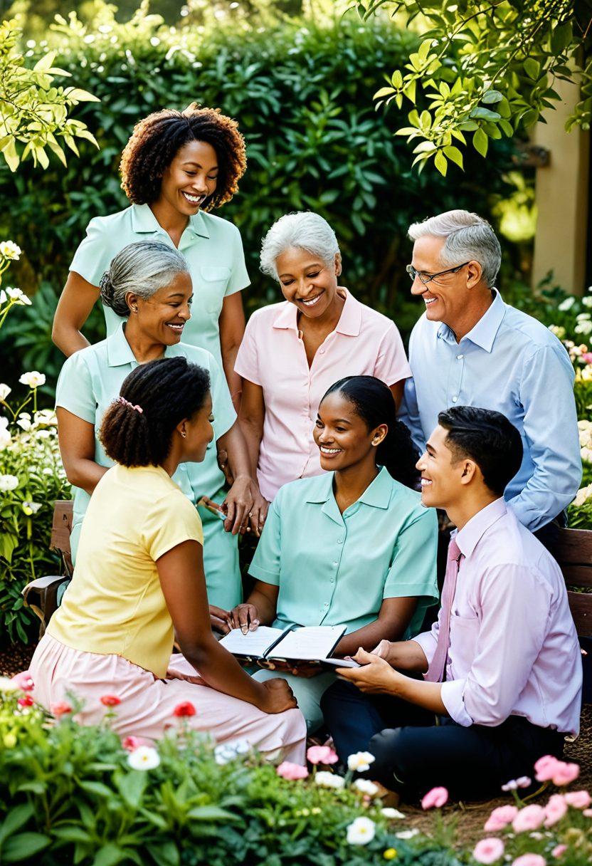 A comforting scene depicting a diverse group of individuals sitting together in a serene environment, sharing warmth and laughter, with elements symbolizing health and life insurance like documents, a heart monitor, and supportive hands. Soft, warm colors to evoke a sense of care and security, with the background featuring nature for a holistic touch. super-realistic. vibrant colors. soft focus.